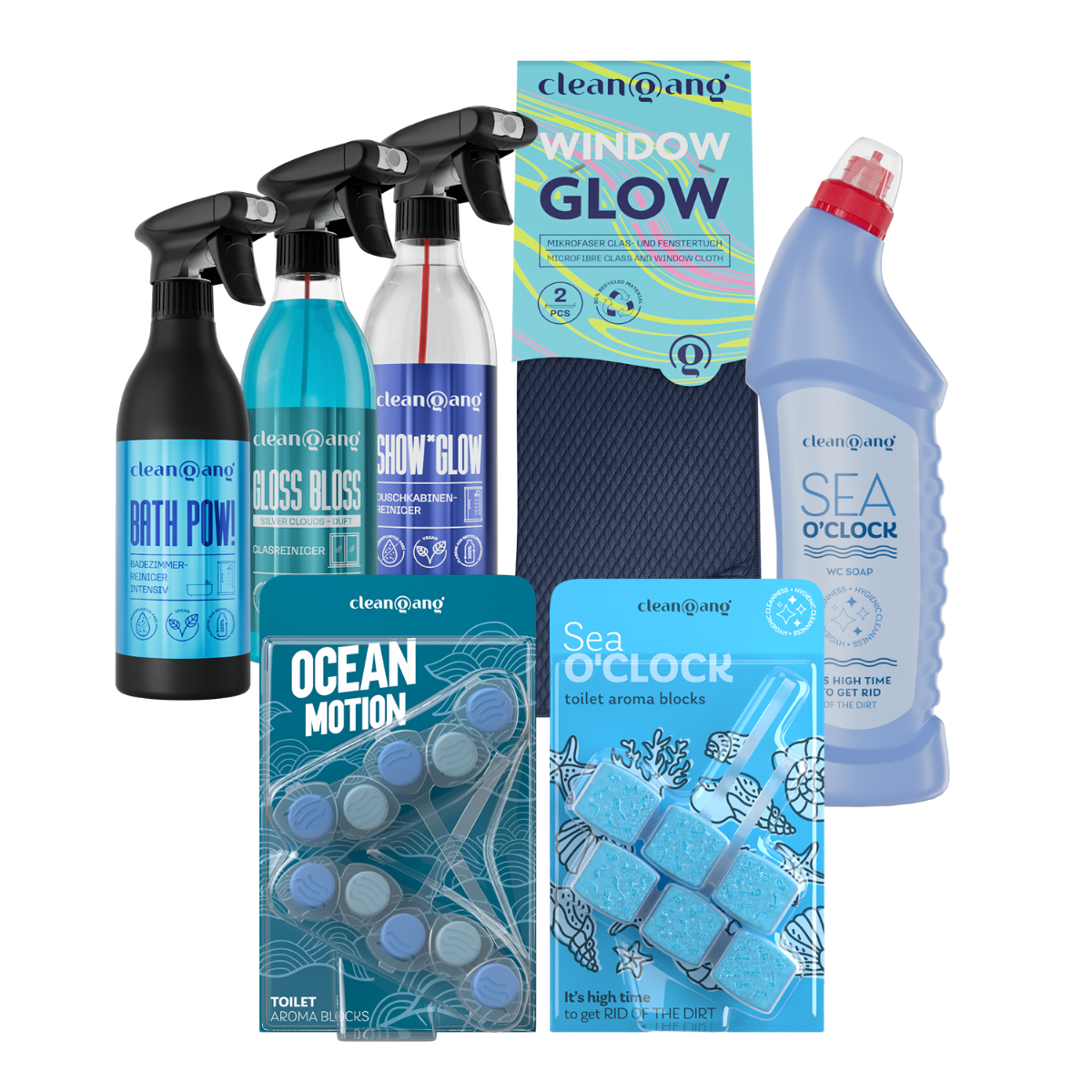 Blaues Badezimmer-Reinigungsset